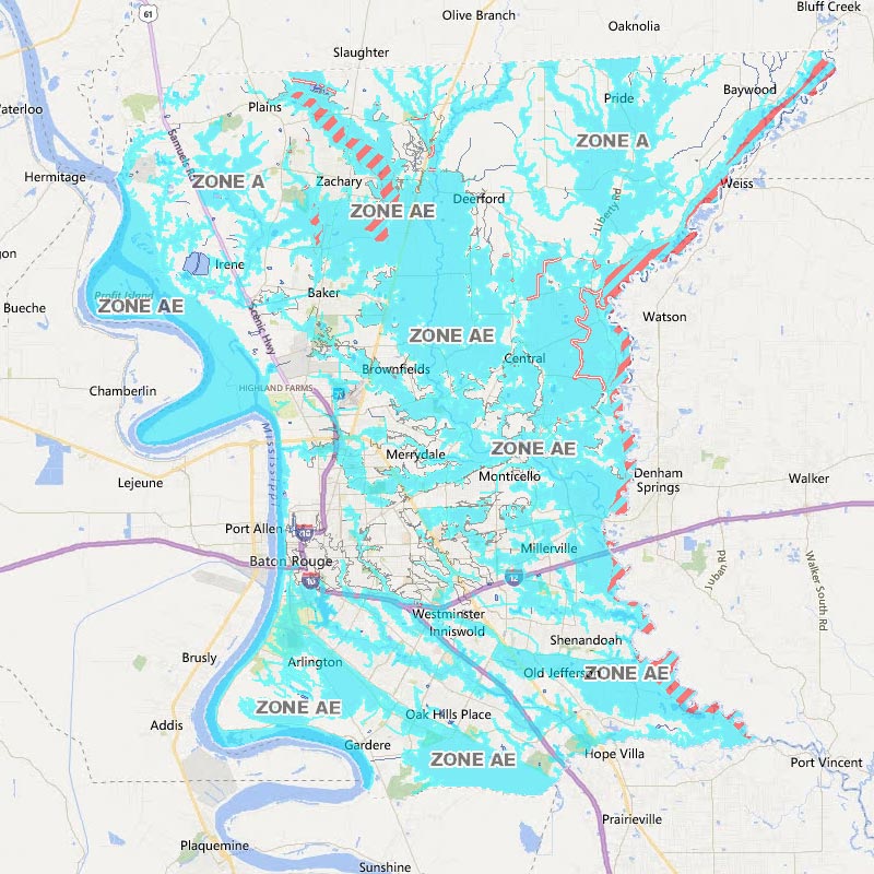 FEMA flood zone map showing special flood hazard areas in East Baton Rouge Parish