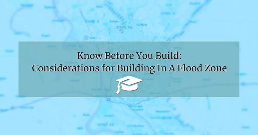 Blue Louisiana flood zone map with educational overlay titled "Know Before You Build: Considerations for Building in a Flood Zone"