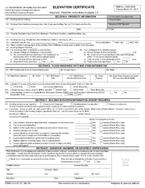 FEMA Elevation Certificate form used to determine flood risk for new construction