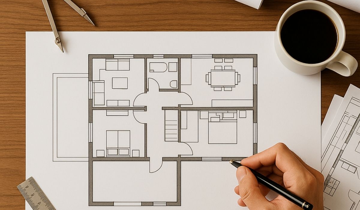 Overhead view of hands drawing a house plan with tools, coffee, and natural light