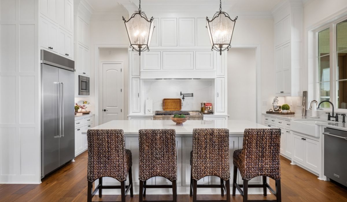 Interior finishes including countertop, backsplash, and flooring