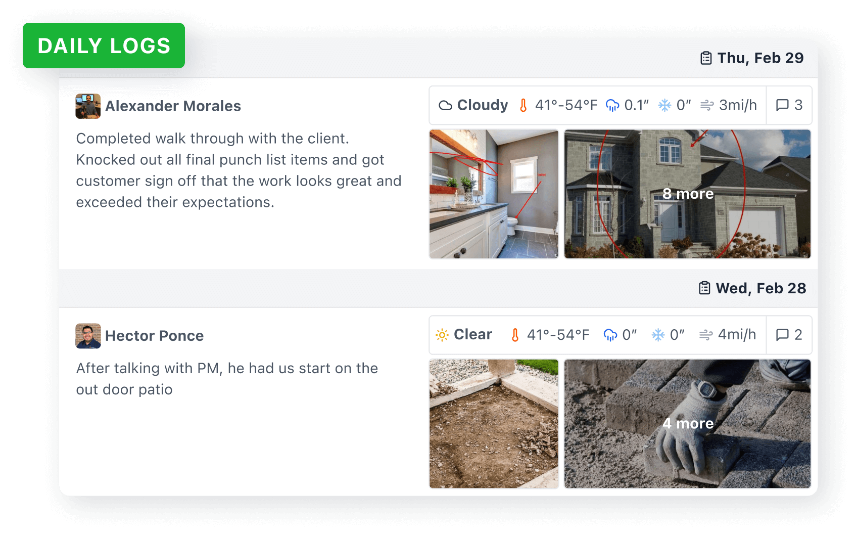 Photo of the daily log section in our client portal where clients can view detailed updates on the progress made, tasks completed, and any notes from the crew.