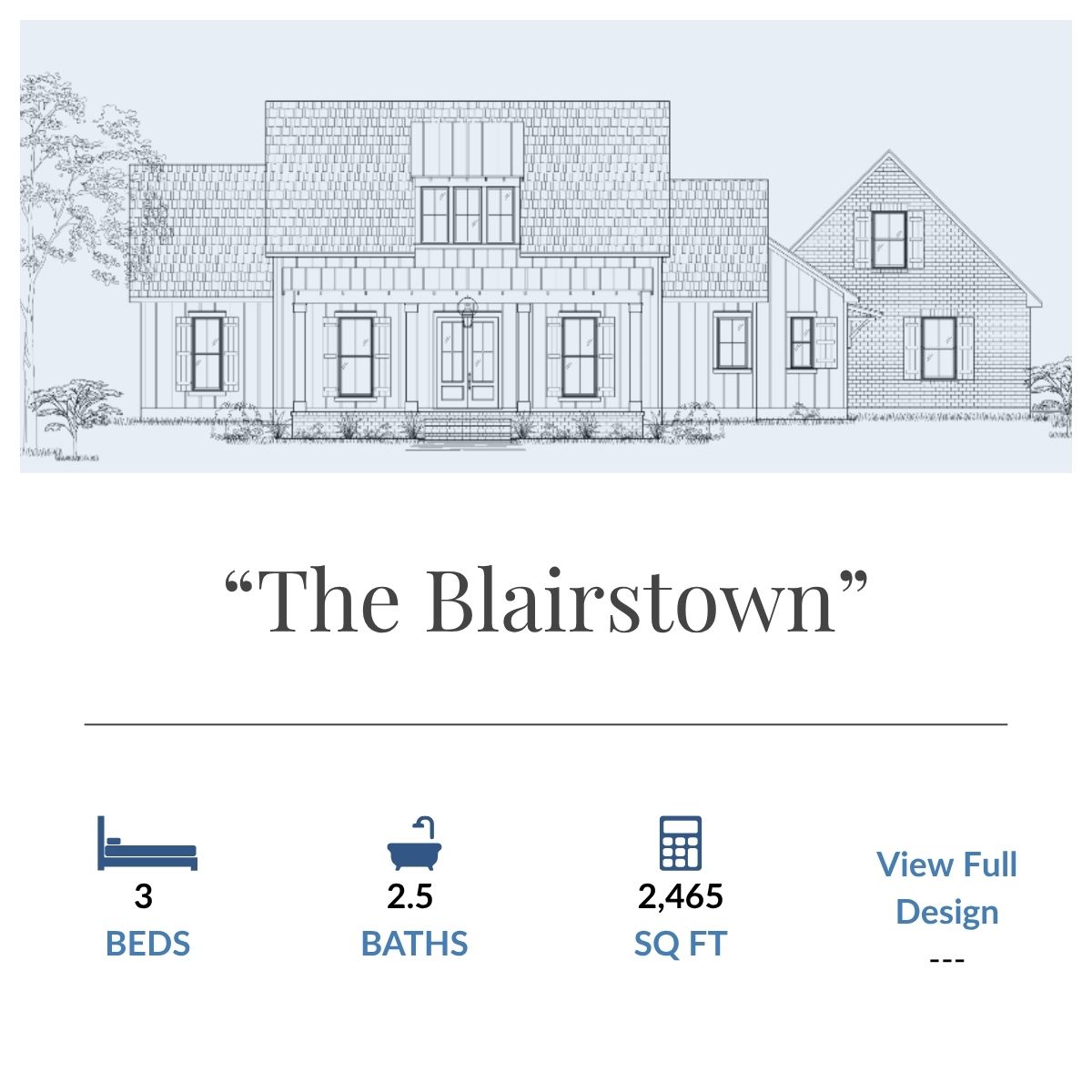 Blairstown floor plan elevation with vertical siding and shed dormer – 3 bed, 2.5 bath farmhouse-style home