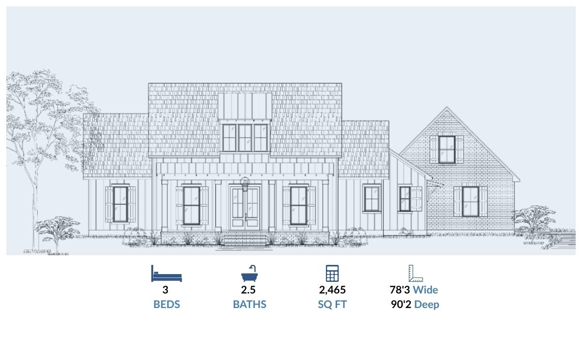 Blairstown Floor Plan with Shed Dormer – 3 Bed, 2.5 Bath Home Design Blairstown elevation with vertical siding and square shed dormer – 3 bedroom, 2.5 bath farmhouse floor plan