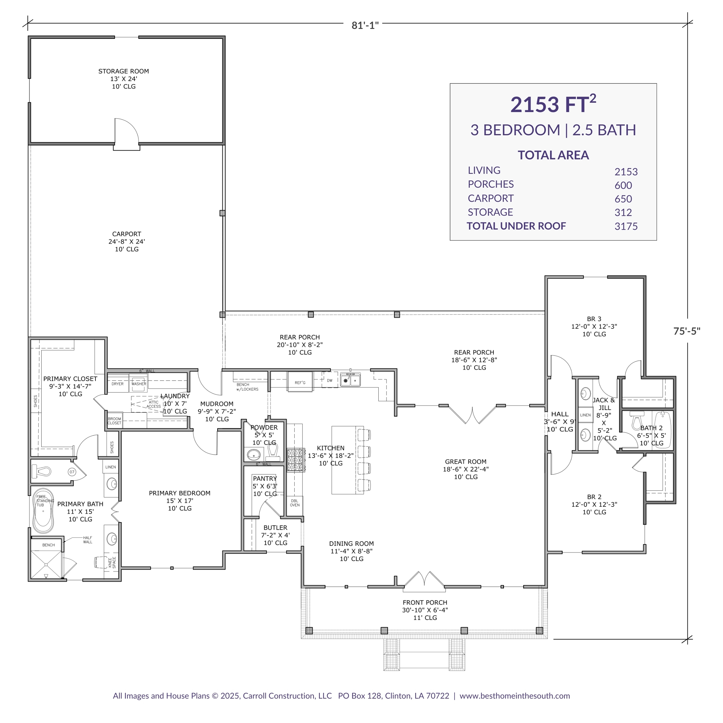 Gilead Farmhouse Floor Plan - 2,153 SF, 3 BR, 2.5 BA - Carroll Construction 2,153 Gilead Farmhouse floor plan - 3 bedrooms, 2.5 bathrooms - split layout with laundry passage, carport, and large porch - Carroll Construction