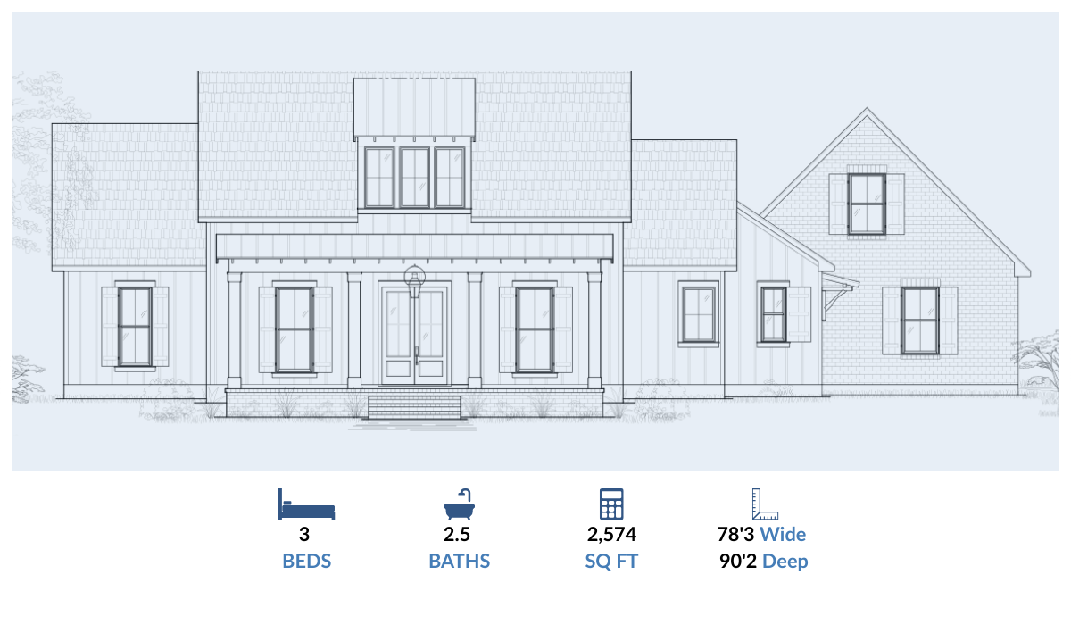 Blairstown – Acadian Farmhouse Elevation – 2,574 SF – Carroll Construction Blairstown custom home – Acadian Farmhouse style elevation with square dormer and vertical siding – 2,574 square feet – Carroll Construction