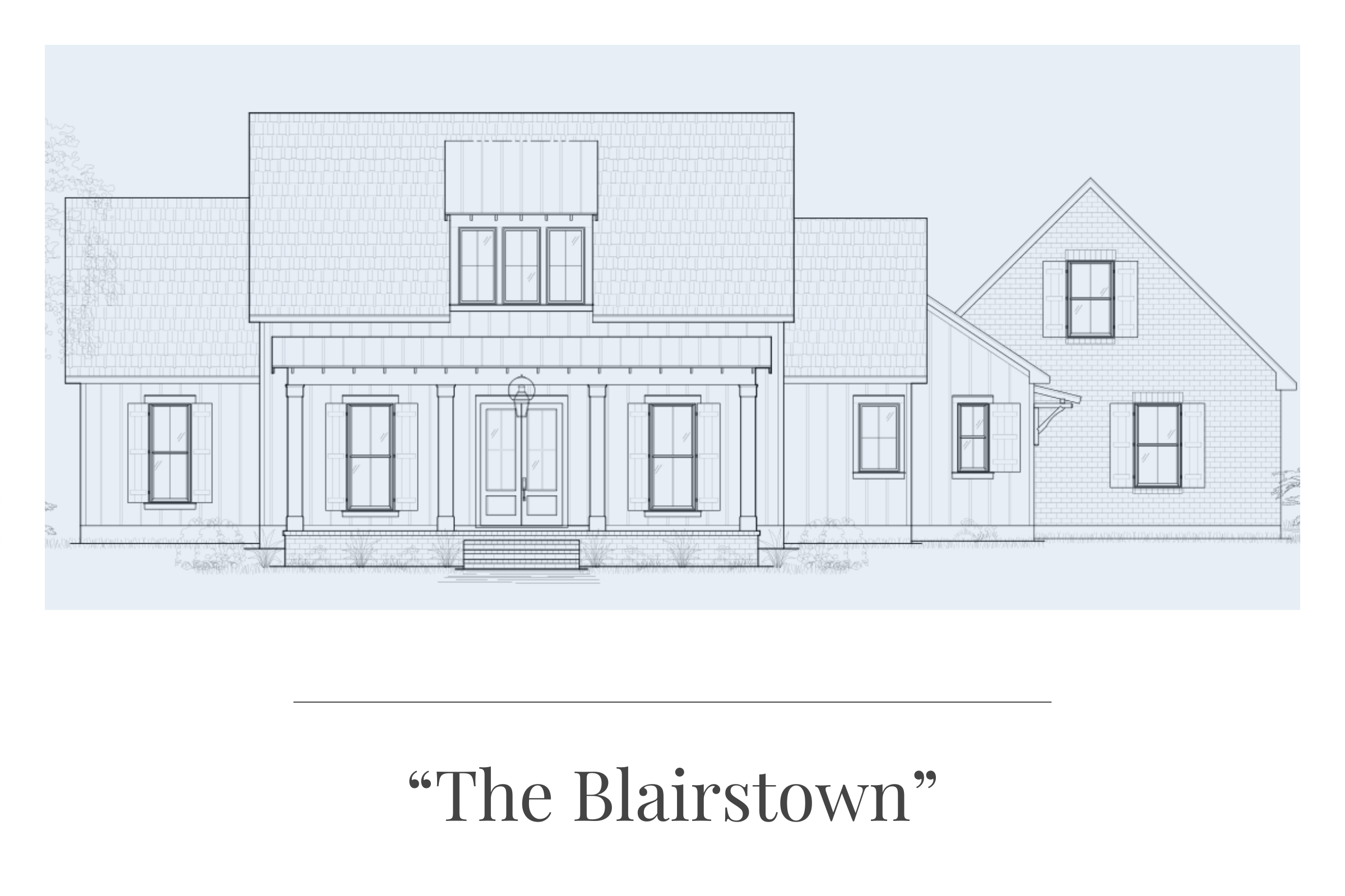 Blairstown floor plan elevation with vertical siding and shed dormer – 3 bed, 2.5 bath farmhouse-style home