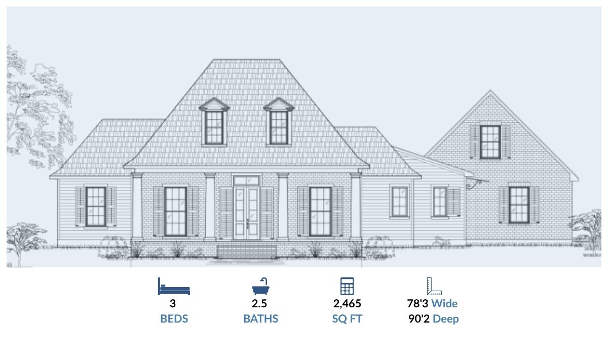 Bluff Creek – French Acadian 3 Bed, 2.5 Bath Floor Plan Elevation Bluff Creek elevation with French Acadian-style architecture – steep roof, arched windows, and 3 bedroom, 2.5 bathroom layout