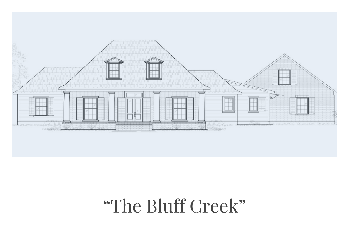 Bluff Creek floor plan elevation – French Acadian-style home with 3 bedrooms and 2.5 bathrooms