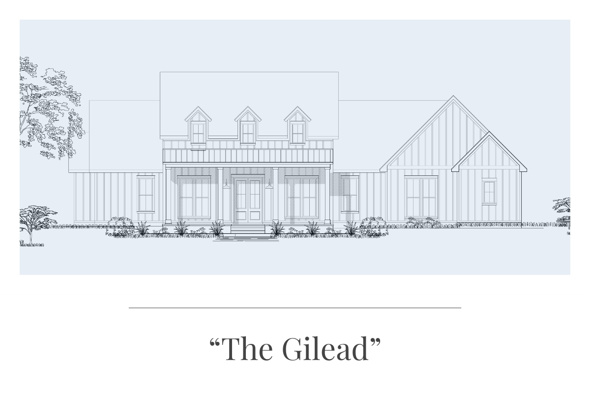Gilead Farmhouse front elevation – 2,153 SF, 3 bedrooms, 2.5 bathrooms – vertical board and batten siding with rear carport – Carroll Construction