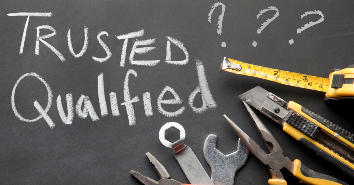 Choosing A Qualified Builder - Hero (1200x630) Trusted and qualified builder concept with construction tools and question marks