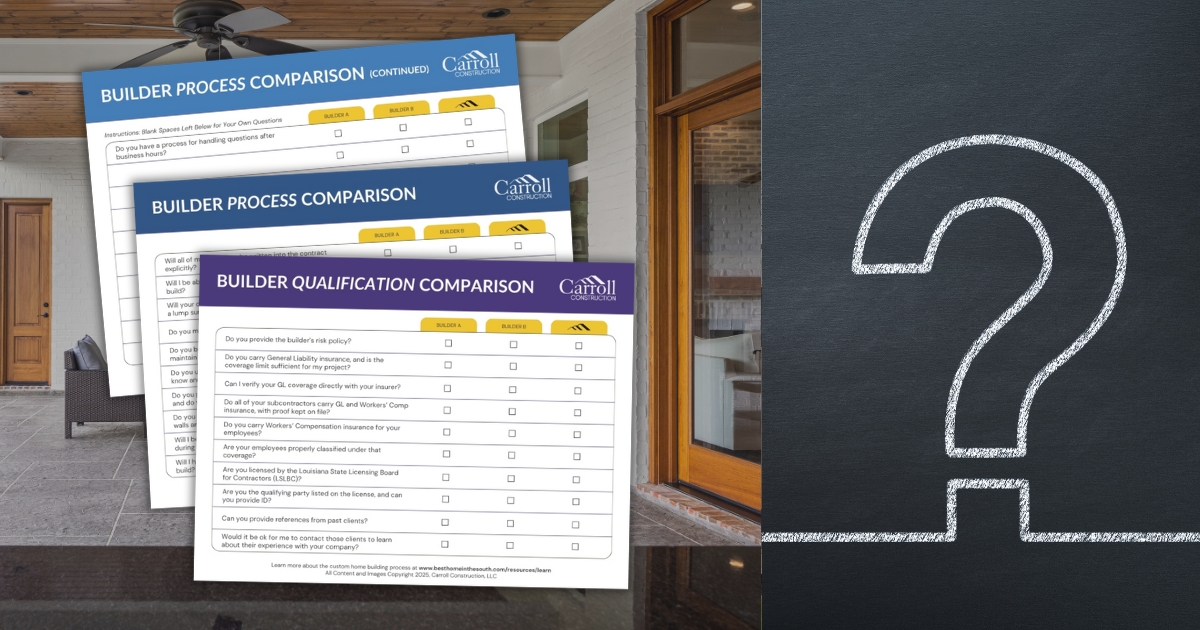 Stacked preview pages from Carroll Construction’s free builder questionnaire, including builder process and qualification comparison checklists.