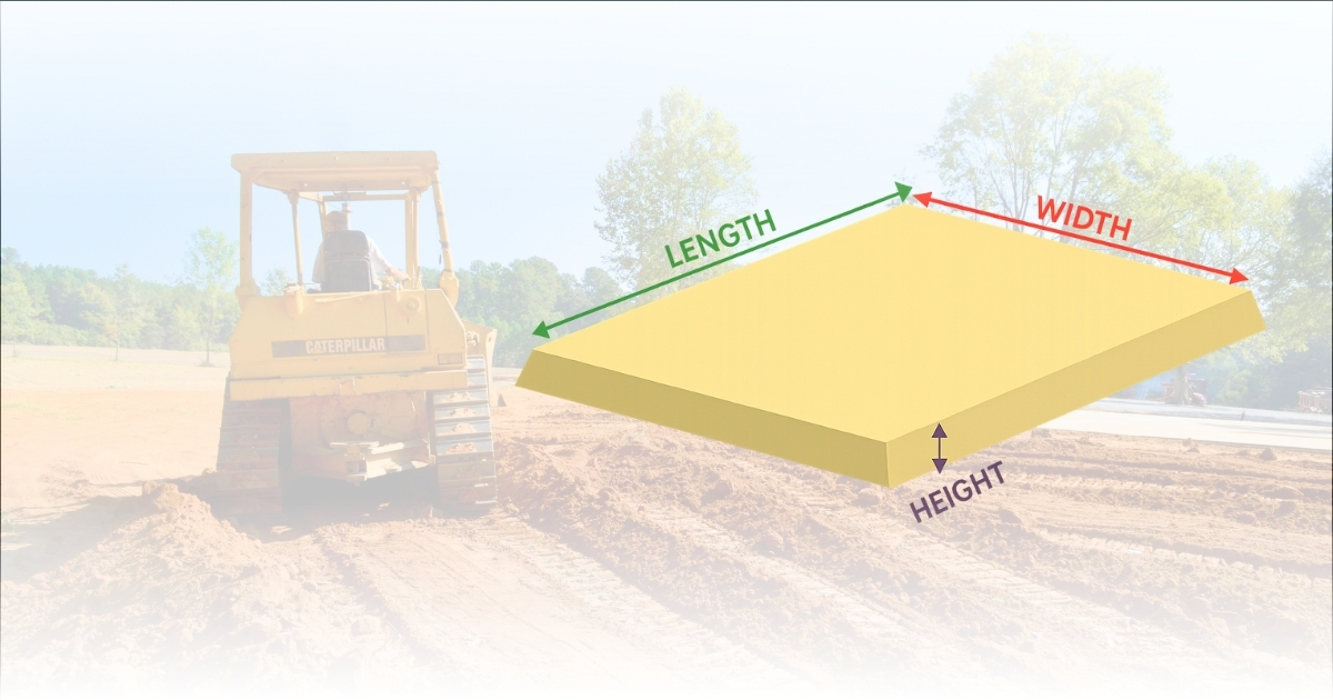 Free Dirt Work Calculator featured image showing a house pad diagram labeled length, width, and height over a background of a bulldozer preparing a dirt site.