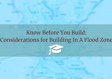 Blue Louisiana flood zone map with educational overlay titled "Know Before You Build: Considerations for Building in a Flood Zone"