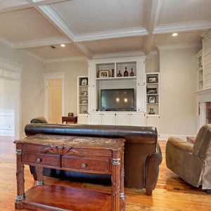 Living room with coffered ceiling and nickel gap paneling around fireplace chase