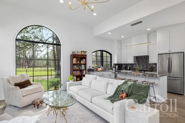 Wide view of living room with couch centered and kitchen visible in the background